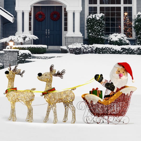 34" Santa & Reindeer Pulling Sleigh, Clear Lights